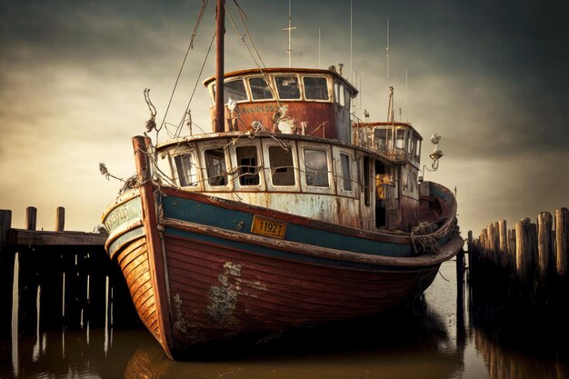 Verlaten gehavende boot staat op lege kust