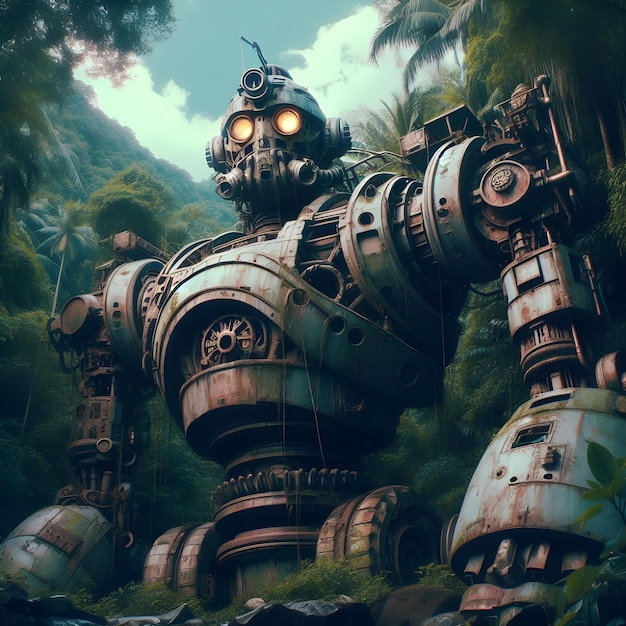 Verlaten gigantische robot steampunk ontwerp