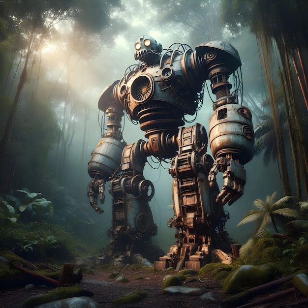 Verlaten gigantische robot steampunk ontwerp