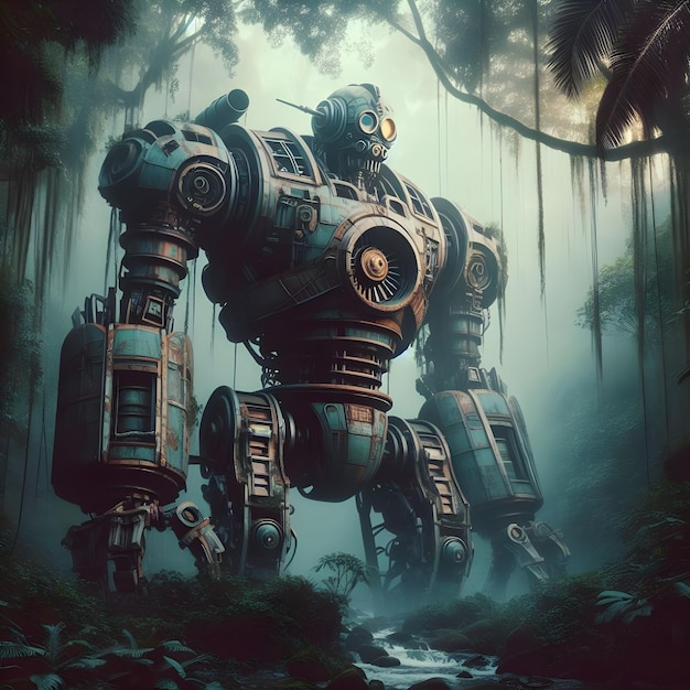 Verlaten gigantische robot steampunk ontwerp