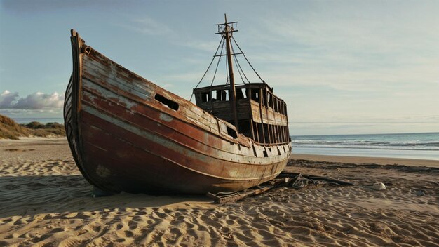 Verlaten houten schip aan de kust