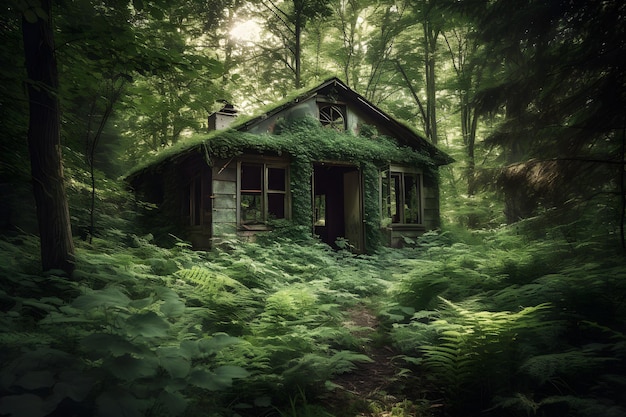 Foto verlaten hut in het bos neuraal netwerk ai gegenereerd