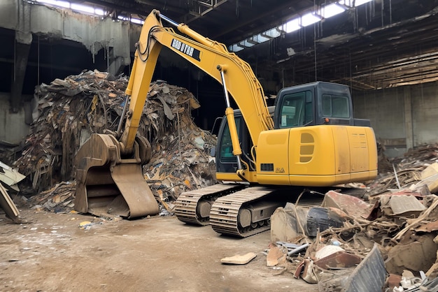 Verlaten industriële bouwplaats met een gele graafmachine op de voorgrond Generatieve AI