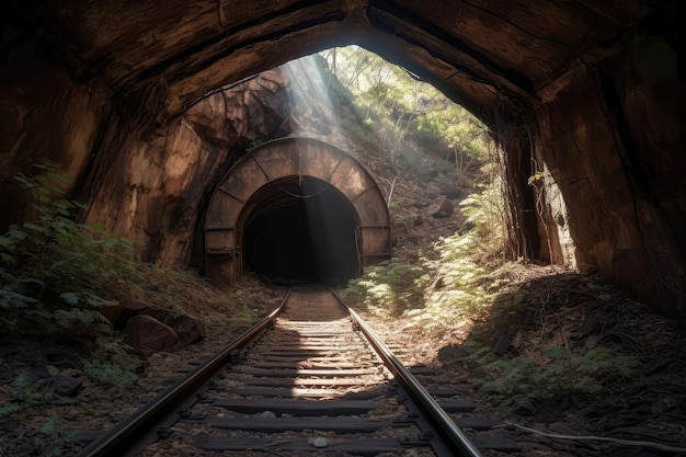 Verlaten mijntunnel met geroeste sporen Generatieve AI