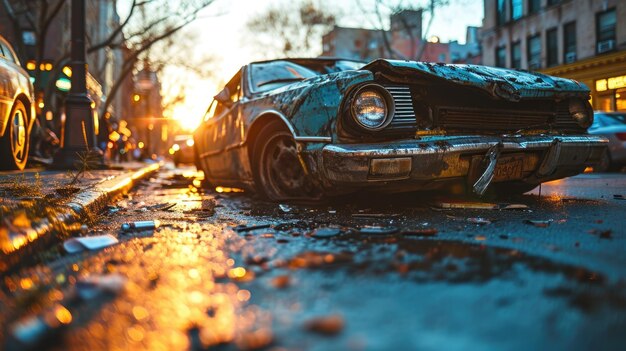 Verlaten oude auto op straat bij zonsondergang Close up