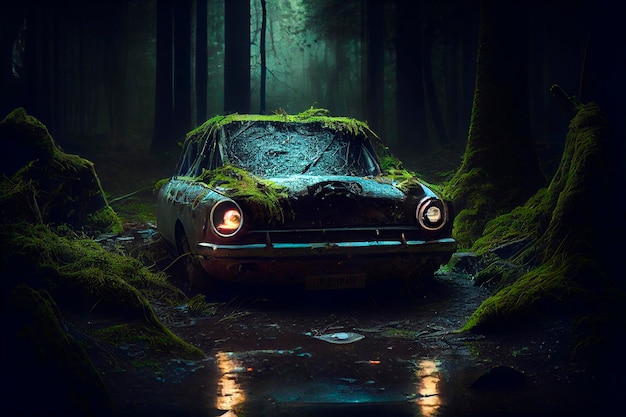 Verlaten oude auto zonder lampen, midden in een donker bos met mos