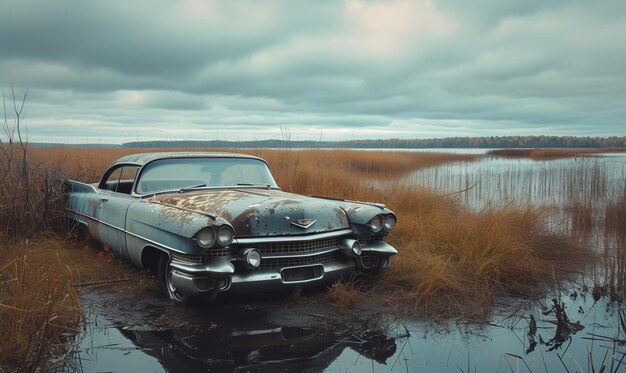 verlaten oude grijze auto gedeeltelijk ondergedompeld in water bewolkte lucht