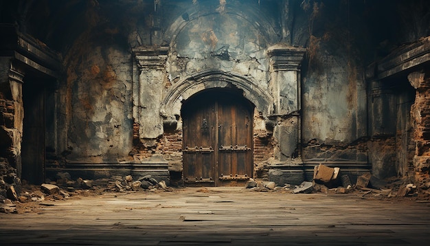 Foto verlaten oude ruïne spookachtige deur donker beschadigd oud gebouw gegenereerd door ai