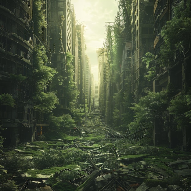 Verlaten Post-Apocalyptische stad Overgroeide ruïnes Zombie Apocalypse Ruïnes Groene Toekomst Dystopie
