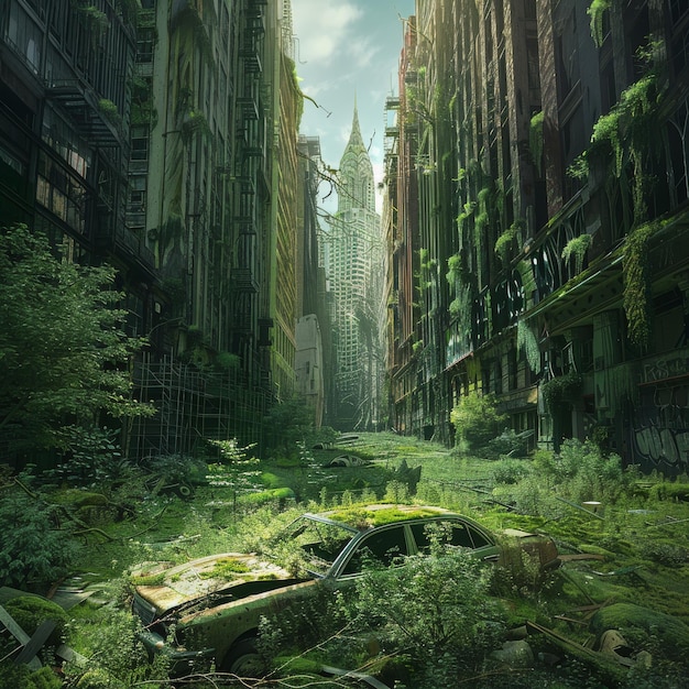 Verlaten Post-Apocalyptische stad Overgroeide ruïnes Zombie Apocalypse Ruïnes Groene Toekomst Dystopie