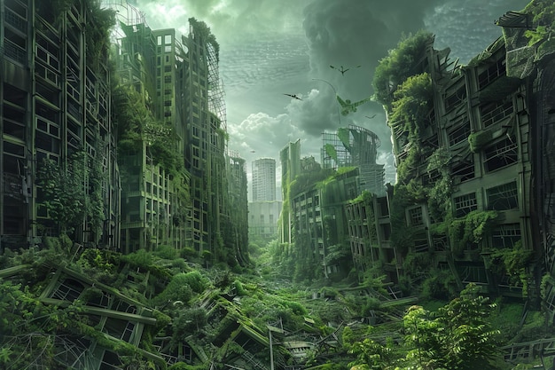 Verlaten Post-Apocalyptische stad Overgroeide ruïnes Zombie Apocalypse Ruïnes Groene Toekomst Dystopie