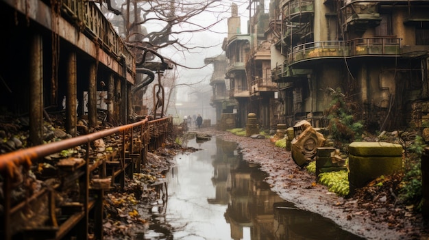 Foto verlaten pretpark een mistige dag in een ingewikkelde steampunk geïnspireerde stad
