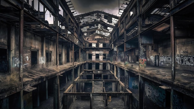 Verlaten ruïneerd industrieel magazijn