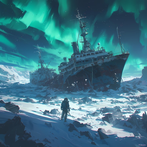 Verlaten schip bevroren in het Arctische ijs