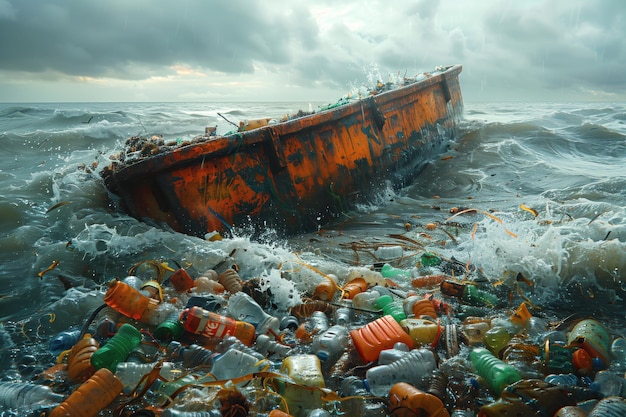 Verlaten schip op zee tussen plastic vuilnis Milieubesmetting Ecologisch probleem