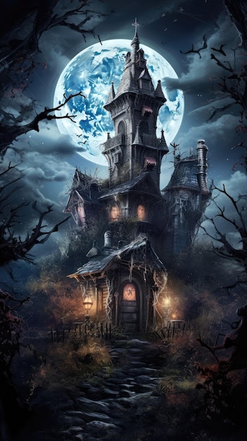 verlaten spookhuis bovenop een heuvel ter herdenking van Halloween