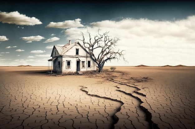 Verlaten vervallen huis midden in de woestijn met dode bomen