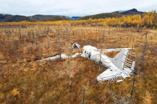 Foto verlaten vliegtuigwrak in een moeras in rusland