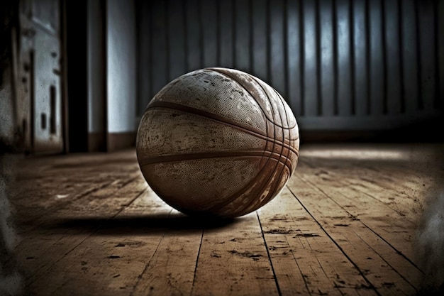 Foto verlaten vuile basketbalbal die op houten vloer ligt