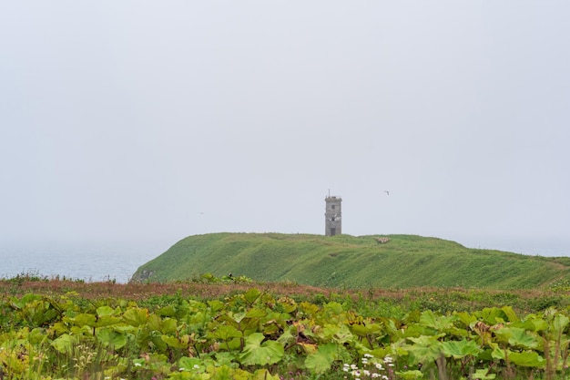 Verlaten vuurtoren op een hoog met gras begroeid voorgebergte boven een mistige zee