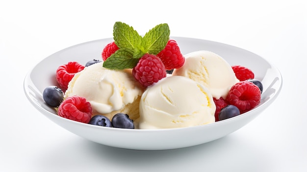 Verleidelijk ijs dessert met verse bessen op witte achtergrond ideaal voor kopieerruimte en ontwerp