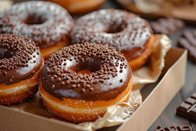 Foto verleidelijke donuts bevredigende snacks of desserts culinaire wonderen versierd met zoete suikerpoeder chocolade biscuit kruimels en room