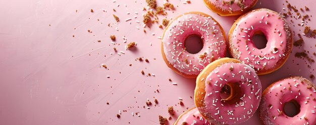 Foto verleidelijke donuts bevredigende snacks of desserts culinaire wonderen versierd met zoete suikerpoeder chocolade biscuit kruimels en room