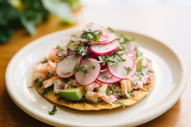 Verleidelijke garnalen en krab Ceviche Tostadas met avocado