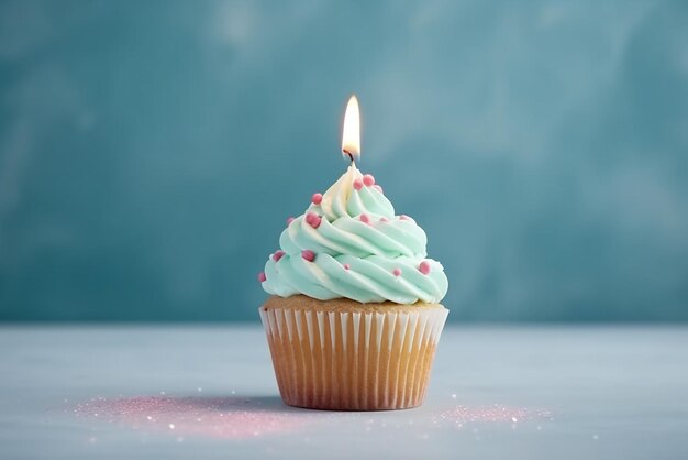 Verleidelijke verjaardag Cupcake met kaars op levendige achtergrond Gemaakt met generatieve AI-tools