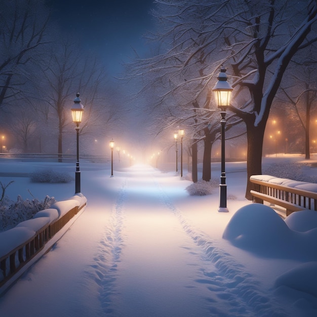 verlicht besneeuwd pad in een park op een koude winternachtachtergrond