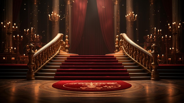 Verlicht de rode tapijt met schijnwerpers Bollywood podium stappen AI gegenereerde beeld