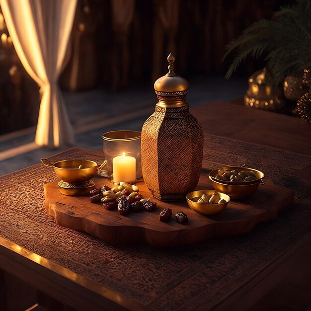 verlicht door een warm gouden licht dat het begin van de Ramadan symboliseert Een houten tafel