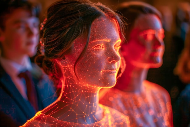 Foto verlicht gezicht in een menigte met een lichtprojectie mapping display op een technologisch evenement
