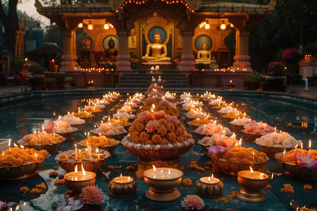 Foto verlicht heiligdom versierd met kaarsen die de toewijding op boeddha purnima symboliseren