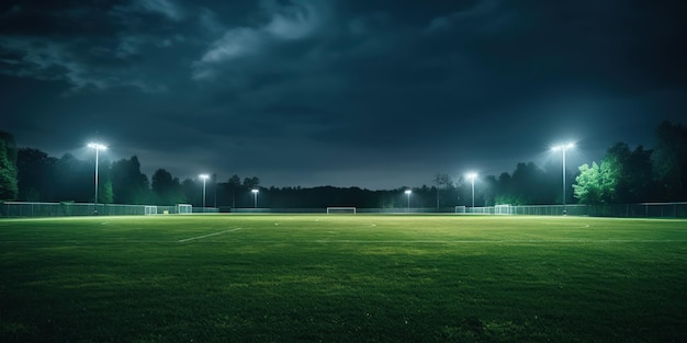 Verlicht leeg voetbalveld klaar voor een nachtelijke wedstrijd