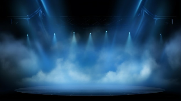 Verlicht podium met schilderachtige lichten rook Blauwe concertverlichting tegen een donkere achtergrond
