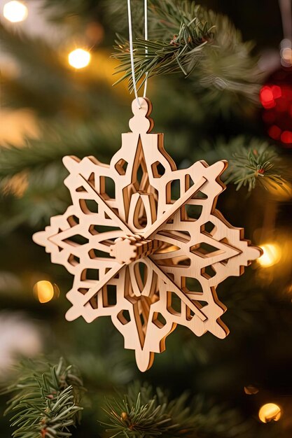 verlicht sneeuwvlokornament hangend in kerstboom in de stijl van hout