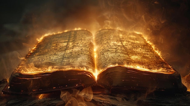 Verlichte bijbel omringd door licht en vlammen op een donkere achtergrond