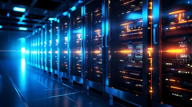Verlichte datacenter moderne serverracks met gloeiende lichten Rij netwerkservers