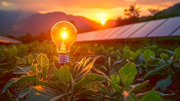 Verlichte gloeilamp in een veld bij zonsondergang die hernieuwbare energie vertegenwoordigt Zonnepanelen en bergen op de achtergrond Milieuvriendelijk energieconcept AI