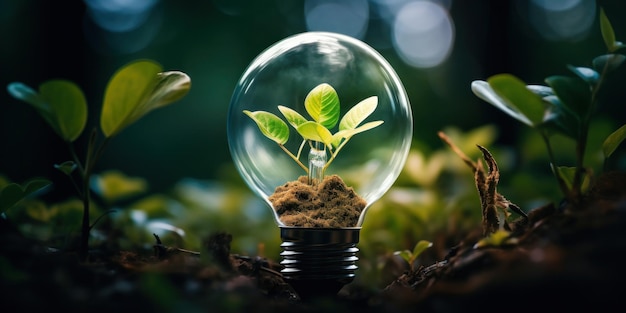 Foto verlichte gloeilamp met plant tussen natuurlijk groen groen energie concept generatieve ai