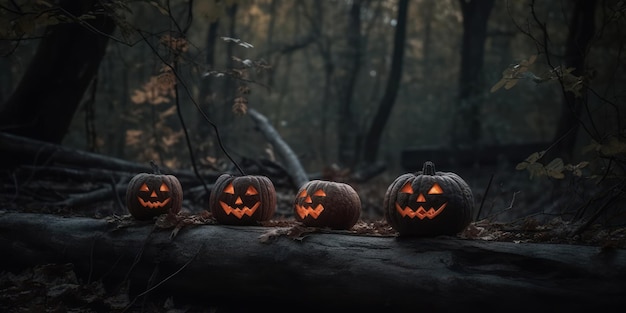 Verlichte halloween-pompoenen op een oude tafel