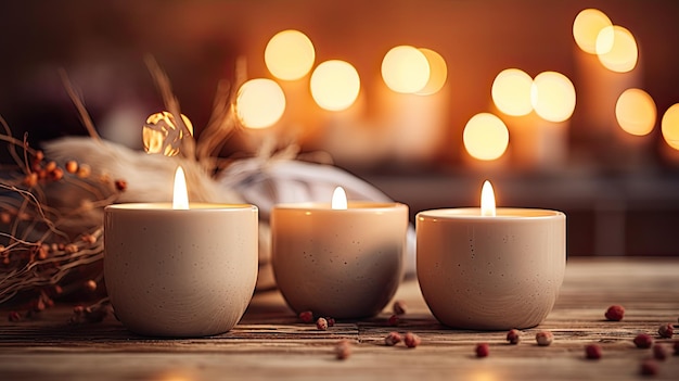 Verlichte kaarsen op de tafel boho stijl decor aromatherapie Festival of Lightsbokeh lichten op bac