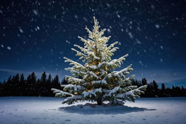 Verlichte kerstboom in een sneeuwige nacht