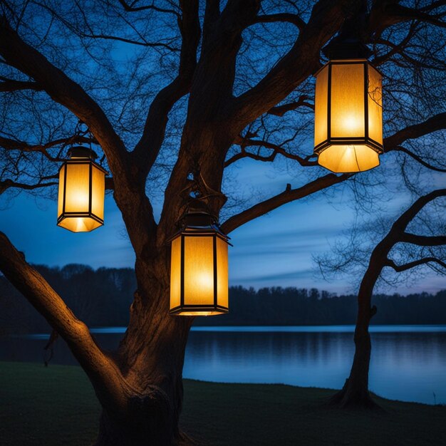 Foto verlichte lantaarns die aan oude boomtakken hangen