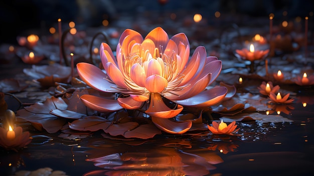 Verlichte lotusbloem en kaarsen op water op het Indiase festival Diwali Diwali viering achtergrond Generatieve ai