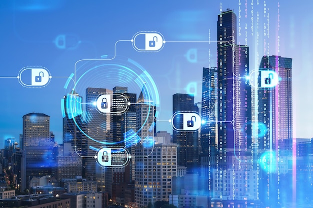 Verlichte luchtfoto stadsgezicht van het centrum van Seattle 's nachts Washington Usa Gedecentraliseerde economie Blockchain cryptografie en cryptocurrency concept hologram