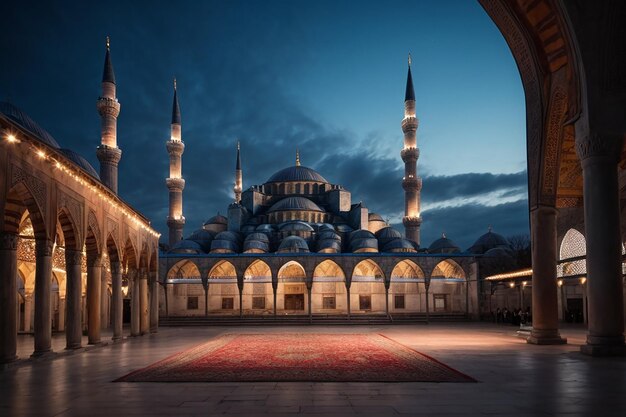 Verlichte minaret symboliseert spiritualiteit in beroemde Blauwe Moskee gegenereerd door AI