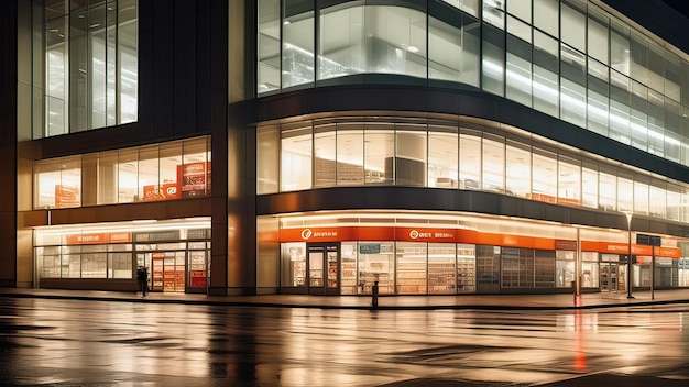 Verlichte moderne gebouwgevel 's nachts met reflecterende natte grond