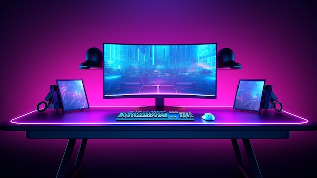 Verlichte neon gaming desk setup met toetsenbord